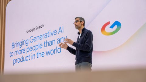 Google CEO Sundar Pichai addresses the crowd during Google's annual I/O developers conference in Mountain View, California on May 20, 2025.