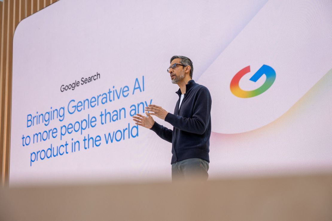 Google CEO Sundar Pichai addresses the crowd during Google's annual I/O developers conference in Mountain View, California on May 20, 2025.