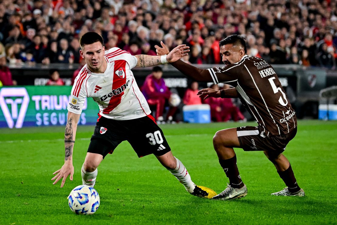 River Plate's Franco Mastantuono battles for possession against Rodrigo Herrera of Platense during the Torneo Apertura Betano 2025 quarterfinals match. Argentinian side River Plate are one of the teams set to draw in Latin American audiences at the tournament.