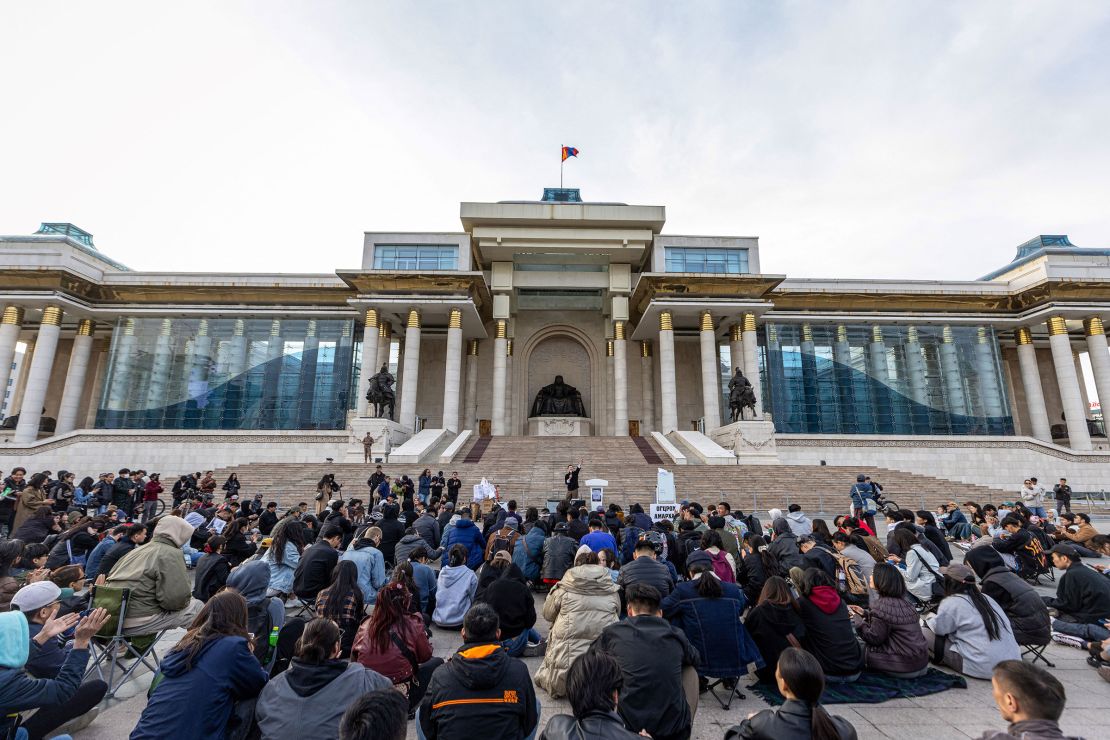 This photo taken on May 20, 2025 shows people gathering for a protest at Sukhbaatar Square in Ulaanbaatar, the capital of Mongolia.