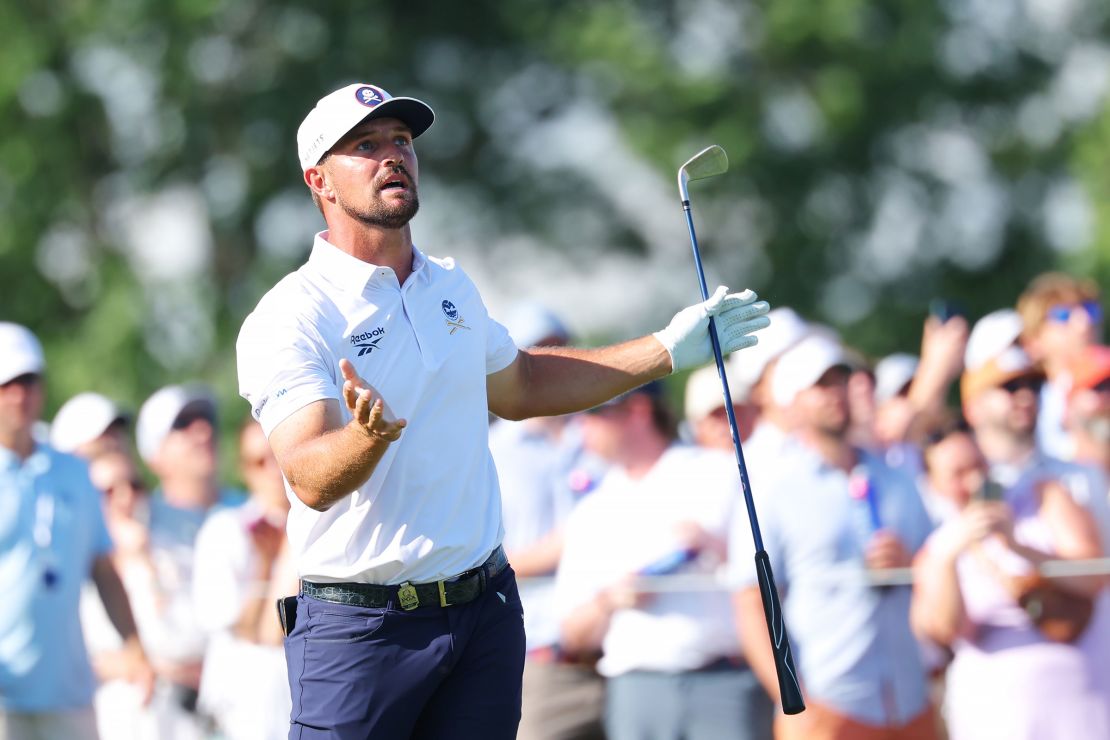 Bryson DeChambeau follows his shot from the 17th tee on Saturday.