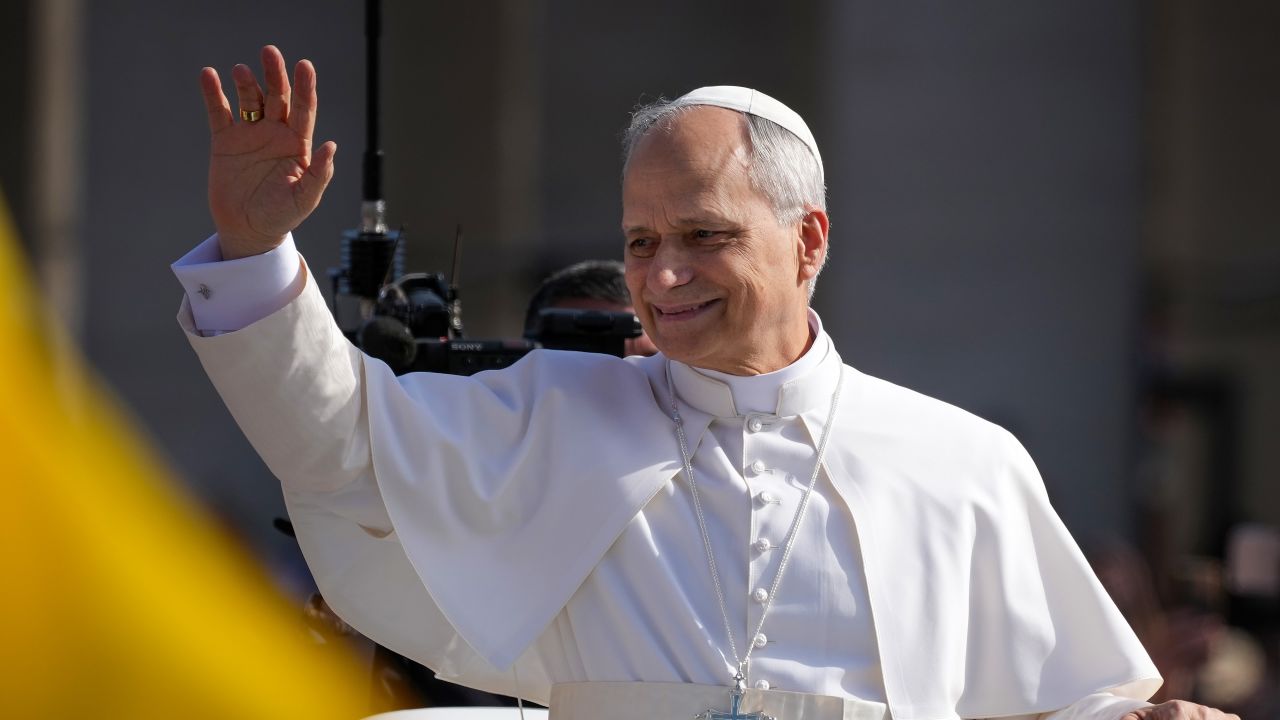 VATICAN CITY, VATICAN - MAY 18:  Pope Leo XIV smiles to the audience as he arrives in the Popemobile ahead of the Inauguration Mass of Pope Leo XIV in St Peter's Square on May 18, 2025 in Vatican City, Vatican. Pope Leo XIV (formerly Cardinal Robert Francis Prevost) presided over his inauguration mass in St Peter's Square after his election on May 8th. (Photo by Christopher Furlong/Getty Images)