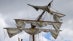 NEW YORK, NEW YORK - MAY 18: The damaged masts of the Cuauhtémoc, a Mexican Navy training ship that crashed into the Brooklyn Bridge, are seen as it sits docked at Pier 36 in lower Manhattan on May 18, 2025 in New York City. The ship, which snapped all three of its masts as it collided with the New York City landmark bridge, killed at least two people and injured dozens of others.  (Photo by Spencer Platt/Getty Images)