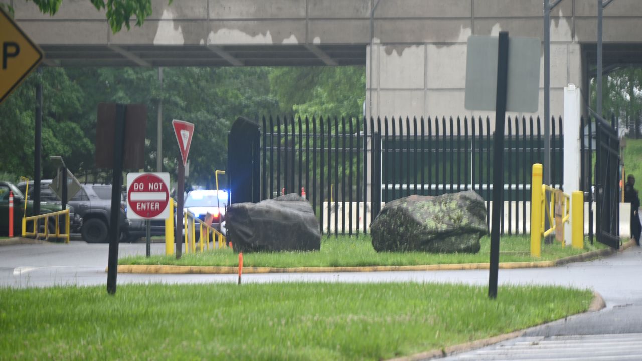 A view of the gates to the CIA property after a person shot outside Central Intelligence Agency Headquarters by security guards in McLean, Virginia, United States on Thursday, May 22, 2025.