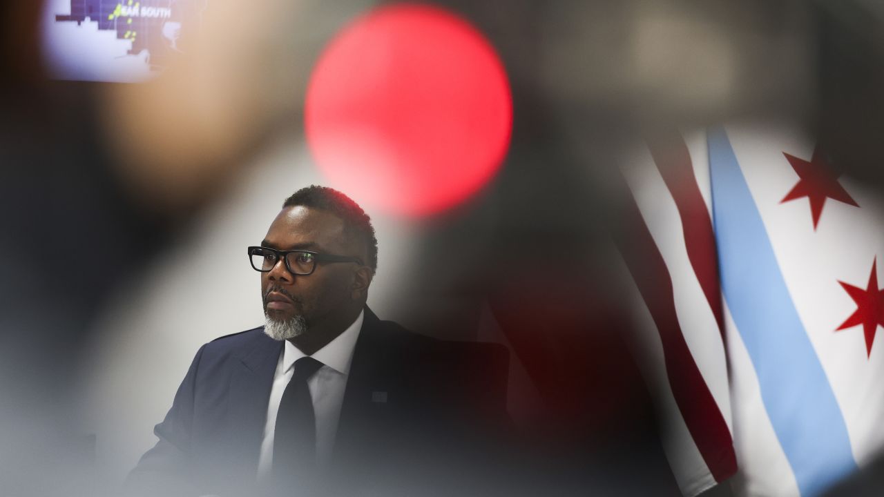 Mayor Brandon Johnson during a news conference at City Hall in Chicago on April 1.
