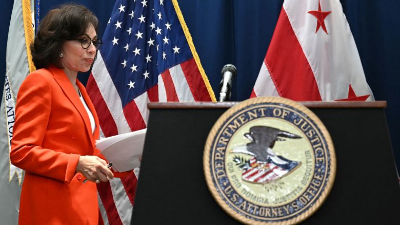 Interim US Attorney Jeanine Pirro arrives for a press update on a shooting the night before, of two Israeli embassy staffers, at the US Department of Justice in Washington, DC, on May 22, 2025.