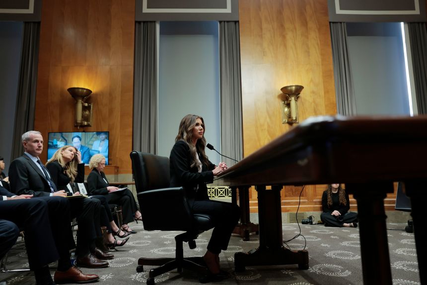 Homeland Security Secretary Kristi Noem speaks during a hearing with the Senate Committee on Homeland Security and Governmental Affairs, on Capitol Hill in May.