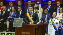 El presidente de Ecuador, Daniel Noboa, pronuncia un discurso durante la toma de posesión presidencial en la Asamblea Nacional el 24 de mayo de 2025 en Quito.