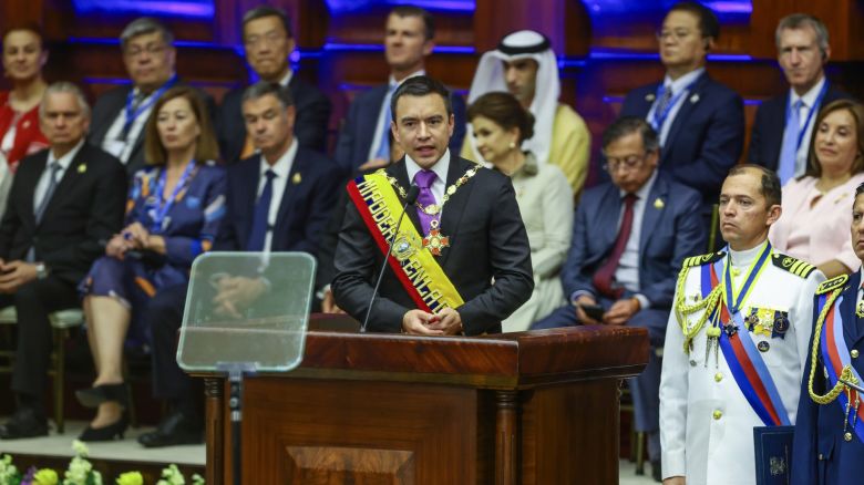 El presidente de Ecuador, Daniel Noboa, pronuncia un discurso durante la toma de posesión presidencial en la Asamblea Nacional el 24 de mayo de 2025 en Quito.