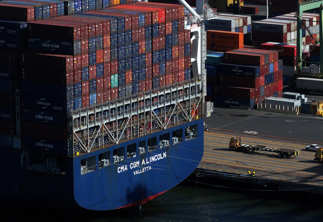 A container ship is docked at the Port of Oakland on May 20 in Oakland, California.