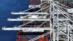 OAKLAND, CALIFORNIA - MAY 20: An aerial view of container ships docked at the Port of Oakland on May 20, 2025 in Oakland, California. The Port of Oakland saw a 14.7% decrease in overall cargo volume in April after the Trump istration's tariffs were enacted. (Photo by Justin Sullivan/Getty Images)