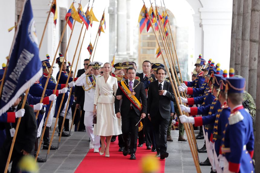 President Daniel Noboa and his wife Lavinia Valbonesi arrived at the Carondereto Palace after the inauguration ceremony in Quito on May 24, after Mr Noboa was sworn in for his new term.