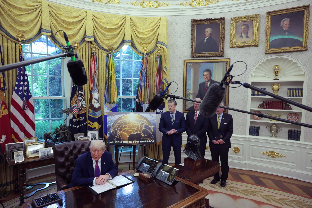 President Trump announcing his plans for the "Golden Dome," a national ballistic and cruise missile defense system in Washington DC on May 25.