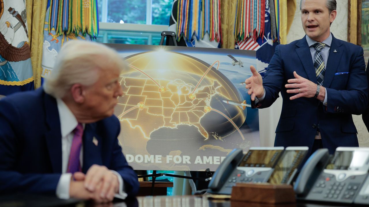 WASHINGTON, DC - MAY 20: U.S. Defense Secretary Pete Hegseth (R) talks about the "Golden Dome" missile defense system with President Donald Trump in the Oval Office at the White House on May 20, 2025 in Washington, DC. Trump announced that the construction of the national ballistic and cruise missile defense system will be finished before the end of his second term and that $25 billion has been budgeted for Golden Dome in the Republican's proposed tax legislation. (Photo by Chip Somodevilla/Getty Images)
