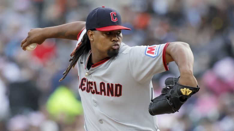 Luis Ortiz of the Cleveland Guardians pitches against the Detroit Tigers on May 24.