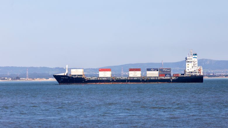 A cargo ship loaded with containers sails near the coast in Lisbon, Portugal, on May 24, 2025. Trump's proposed 50% tariff on EU goods alarms exporters in Germany, Ireland, and Italy. The announcement triggers a decline in China-U.S. shipping traffic. (Photo by Luis Boza/NurPhoto via Getty Images)