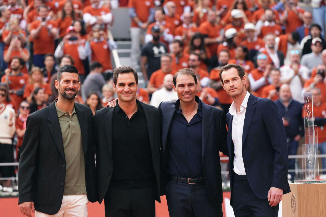 Novak Djokovic, Roger Federer and Andy Murray pose with Nadal during the special ceremony.