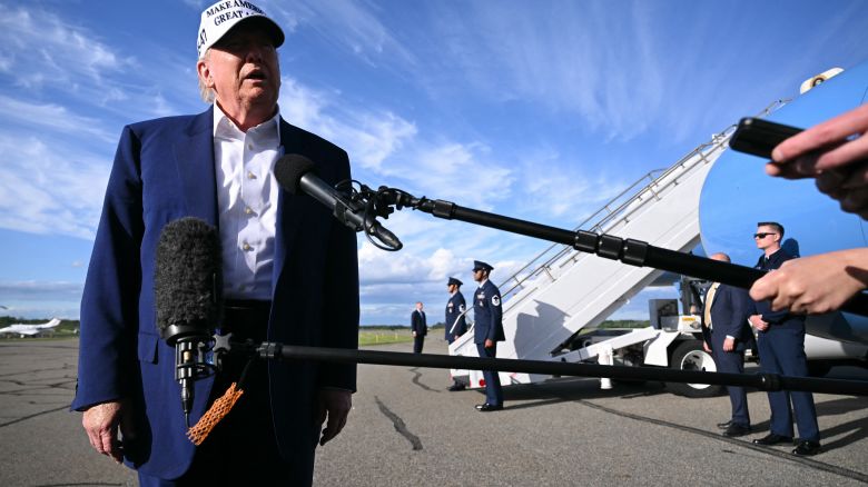 US President Donald Trump speaks to journalists before boarding Air Force One from Morristown Municipal Airport in Morristown, New Jersey, May 25, 2025, after spending the weekend in New Jersey. (Photo by SAUL LOEB / AFP) (Photo by SAUL LOEB/AFP via Getty Images)          