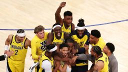 Tyrese Haliburton of the Indiana Pacers is congratulated by his teammates after scoring a game-tying basket against the New York Knicks, as time expired in the fourth quarter in Game 1 of the Eastern Conference Finals of the 2025 NBA Playoffs at Madison Square Garden in New York on May 21, 2025.