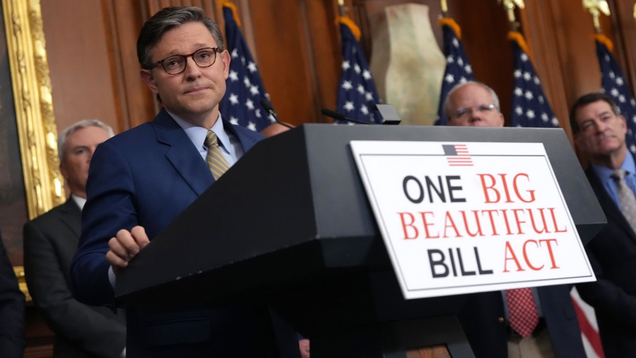 WASHINGTON, DC - House Speaker Mike Johnson speaks to the media after the House narrowly passed a bill forwarding President Donald Trump's agenda at the US Capitol in May.