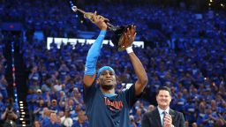 OKLAHOMA CITY, OKLAHOMA - MAY 22: Shai Gilgeous-Alexander #2 of the Oklahoma City Thunder accepts the MVP Michael Jordan Trophy prior to a game against the Minnesota Timberwolves in Game Two of the Western Conference Finals of the 2025 NBA Playoffs at Paycom Center on May 22, 2025 in Oklahoma City, Oklahoma. NOTE TO USER: User expressly acknowledges and agrees that, by downloading and or using this photograph, User is consenting to the terms and conditions of the Getty Images License Agreement. (Photo by Matthew Stockman/Getty Images)