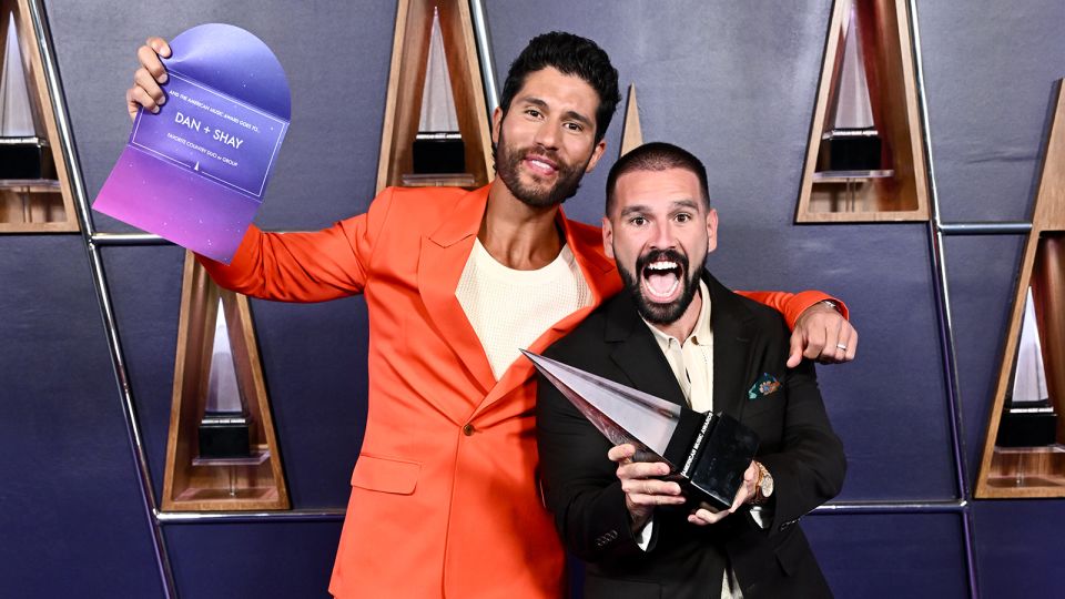 (From left) Dan Smyers and Shay Mooney of Dan + Shay astatine  the 2025 American Music Awards successful  Las Vegas. - Brian Friedman/Penske Media/Getty Images