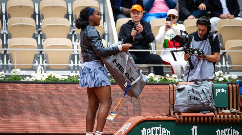 Coco Gauff realizes her racquet bag is empty before playing against Olivia Gadecki in the first round on Day Three of the French Open at Roland Garros in Paris, on May 27, 2025.