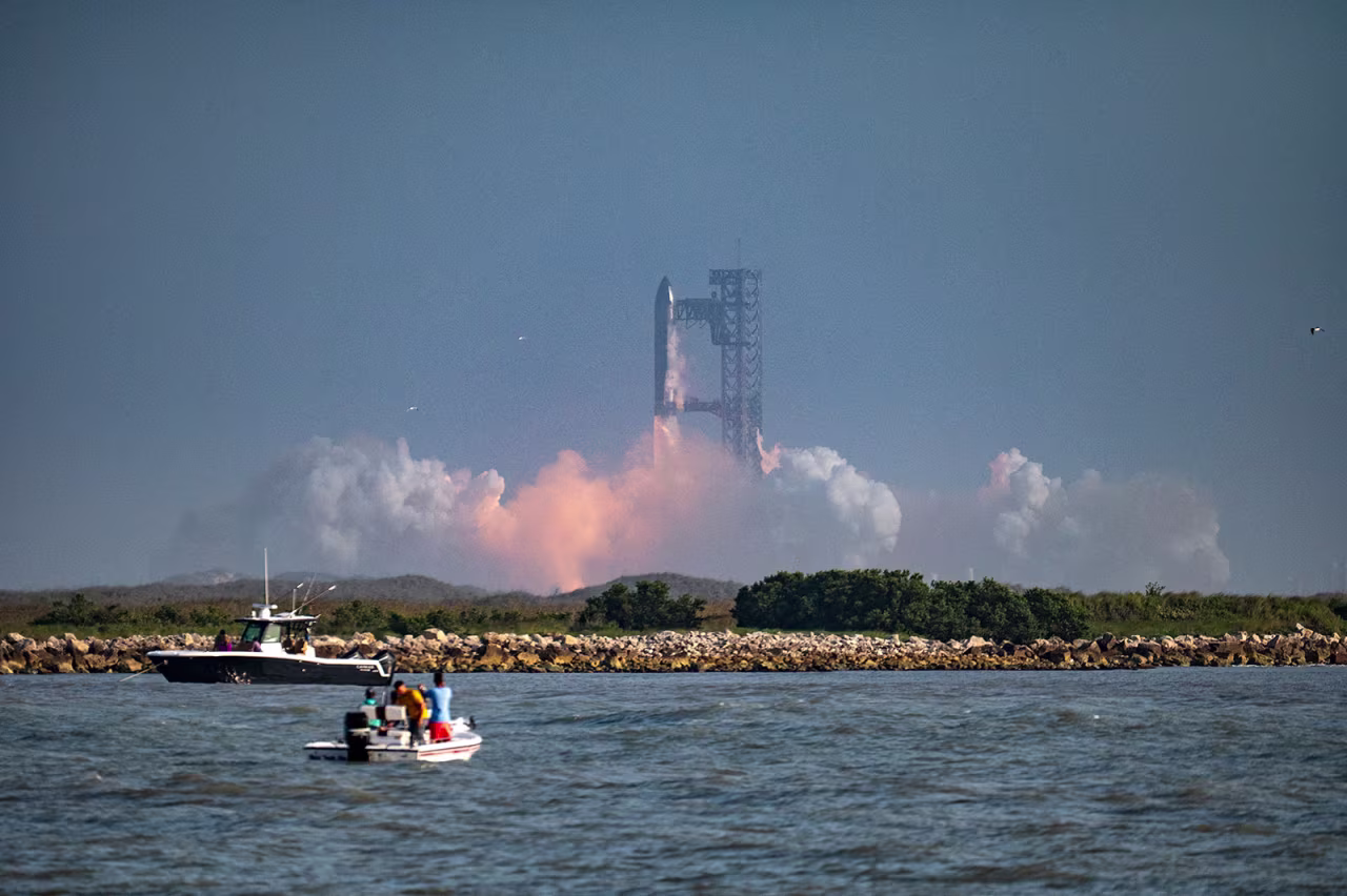 The SpaceX Starship rocket launches from Starbase, Texas, as seen from South Padre Island on Tuesday.