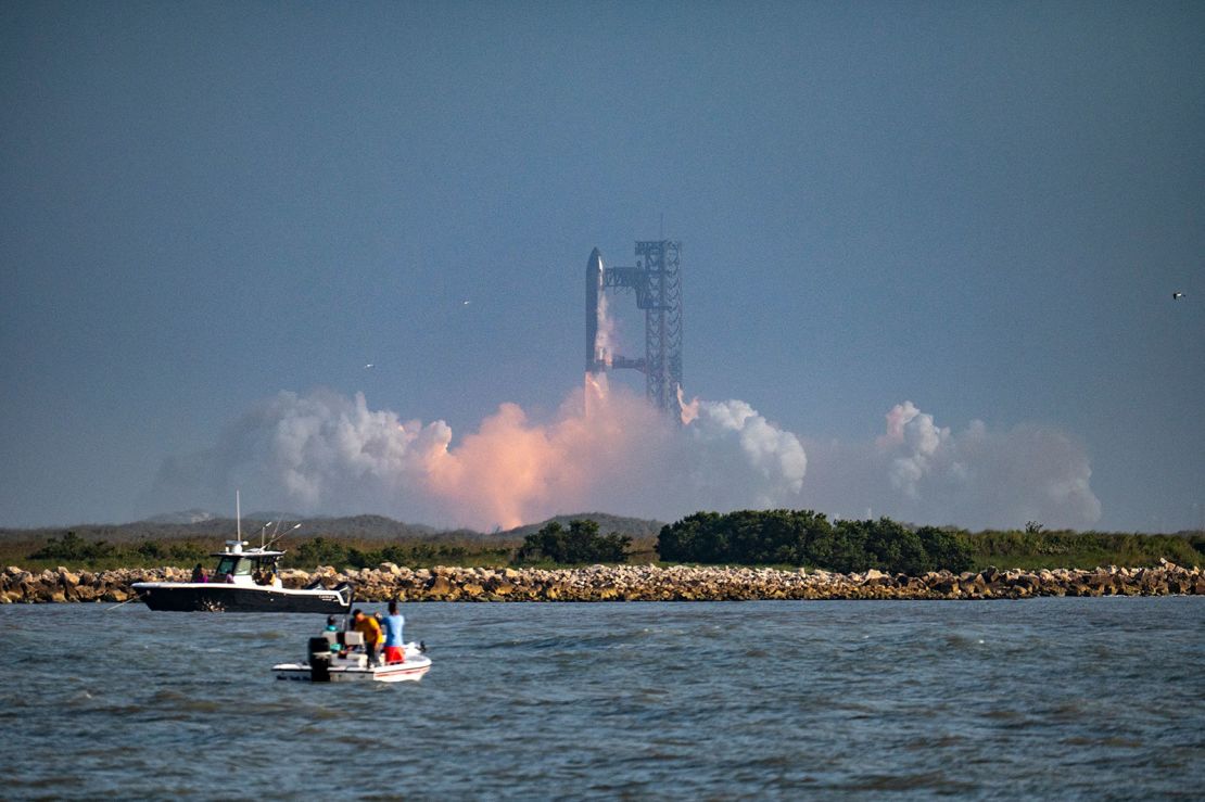 The SpaceX Starship rocket launches from Starbase, Texas, as seen from South Padre Island.