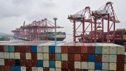 Containers and cargo ships are seen at the Port of Ningbo-Zhoushan in Ningbo, in China's eastern Zhejiang Province on May 28, 2025.