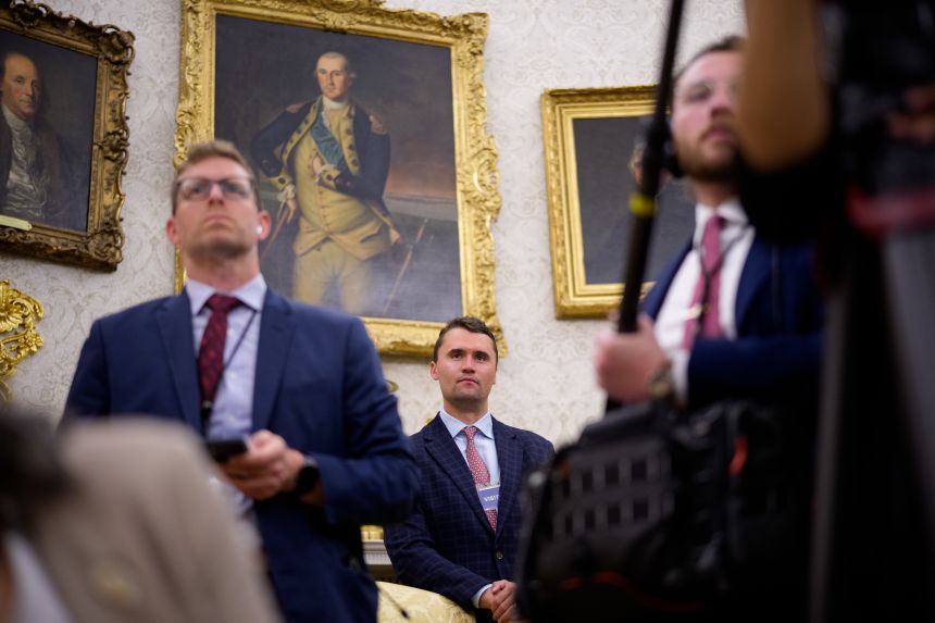 Charlie Kirk attends a swearing-in ceremony for interim US Attorney for Washington, DC, Jeanine Pirro in the Oval Office of the White House on May 28, 2025.