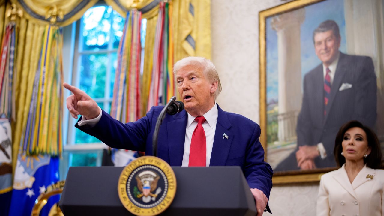 WASHINGTON, DC - MAY 28: U.S. President Donald Trump takes a question during a swearing in ceremony for interim U.S. Attorney for Washington, D.C. Jeanine Pirro (R) in the Oval Office of the White House on May 28, 2025 in Washington, DC. Trump has announced Pirro, a former Fox News personality, judge, prosecutor, and politician, after losing  in the Senate for his first choice, Ed Martin, over his views on the January 6, 2021 attack on the U.S. Capitol. (Photo by Andrew Harnik/Getty Images)