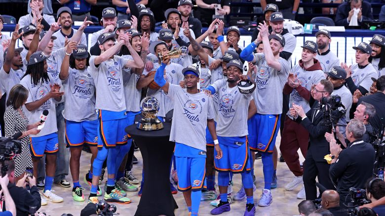 Shai Gilgeous-Alexander #2 of the Oklahoma City Thunder receives the Western Conference Finals MVP award after the game against the Minnesota Timberwolves during Game 5 of the 2025 NBA Western Conference Finals on May 28, 2025 at Paycom Center in Oklahoma City, Oklahoma.