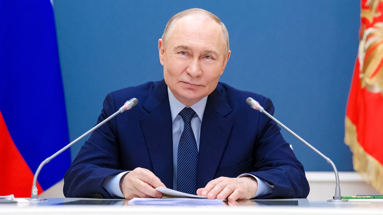 In this pool photograph distributed by the Russian state agency Sputnik, Russia's President Vladimir Putin attends a meeting with mothers awarded the honorary title of Mother Heroine and families decorated with the Order of Parental Glory ahead of the upcoming International Children's Day via a videoconference in Moscow on May 29, 2025. (Photo by Alexander KAZAKOV / POOL / AFP) (Photo by ALEXANDER KAZAKOV/POOL/AFP via Getty Images)          