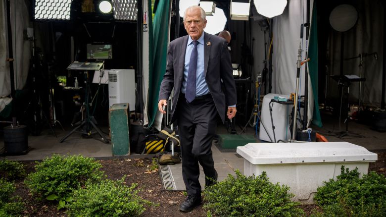 Trade advisor to President Donald Trump, Peter Navarro, finishes a television interview on the North Lawn of the White House on May 29, 2025.