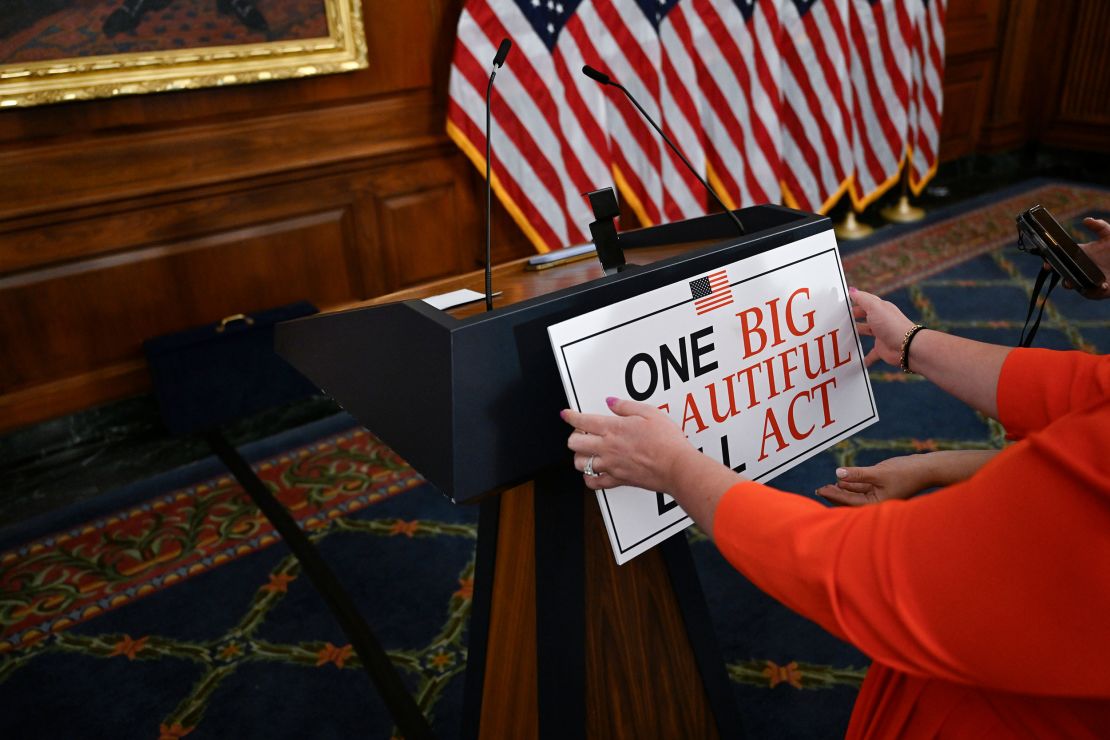 WASHINGTON, DC - MAY 22: A sign is attached to a podium before a press conference celebrating the passage of the One Big Beautiful Bill Act on Thursday May 22, 2025 in Washington, DC.