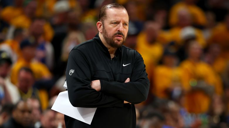 Former Knicks head coach Tom Thibodeau looks on during Game 3 of the 2025 Eastern Conference Finals.