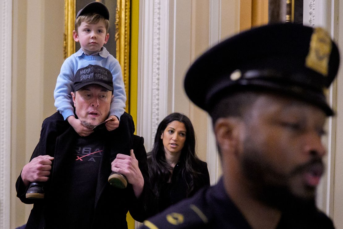 Elon Musk and his son X Æ accompanied by Katie Miller at the U.S. Capitol Building on May 21, 2025.