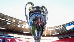 This photograph shows the UEFA Champions League trophy during the MD-1 training session on the eve of the UEFA Champions League final football match between Inter Milan and Paris Saint-Germain (PSG) in Munich, southern Germany, on May 30, 2025. (Photo by FRANCK FIFE / AFP) (Photo by FRANCK FIFE/AFP via Getty Images)          