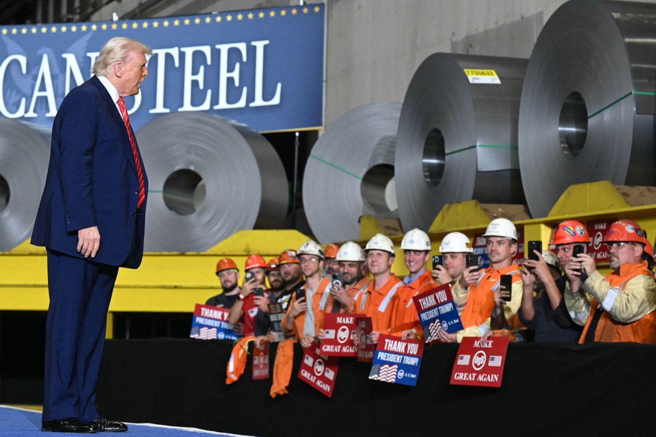 President Donald Trump arrives to speak at US Steel - Irvin Works in West Mifflin, Pennsylvania, on Friday.