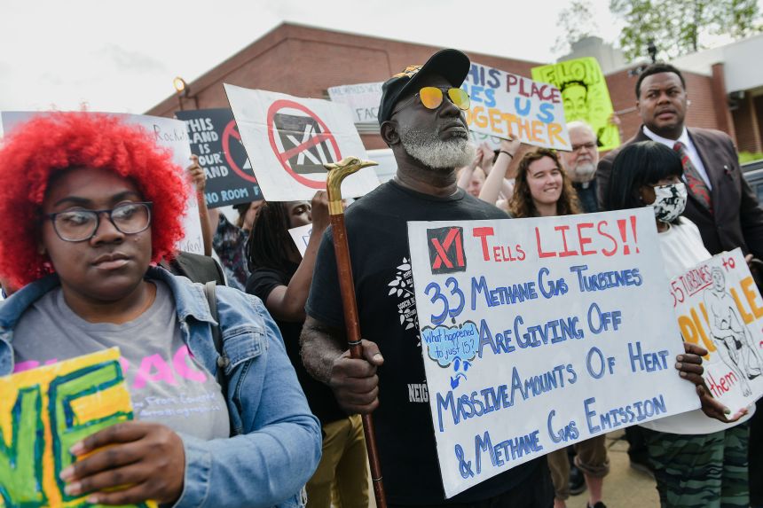 Demonstrators rally in opposition to a plan by Elon Musks's xAI to use gas turbines for a new data center, ahead of a public comment meeting on the project in Memphis, Tennessee on April 25.