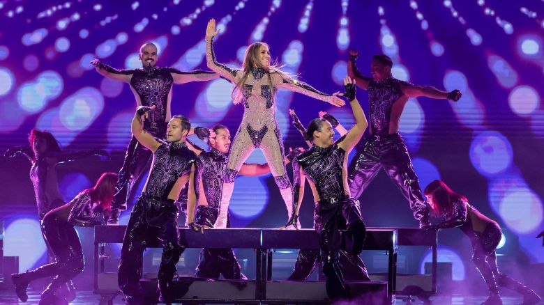 Jennifer Lopez, center, performs with dancers onstage during the 2025 American Music Awards at BleauLive Theater at Fontainebleau Las Vegas on May 26, 2025 in Las Vegas, Nevada.