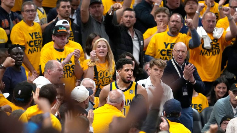 Tyrese Haliburton of the Indiana Pacers reacts during the third quarter against the New York Knicks in Game Four of the Eastern Conference Finals of the 2025 NBA Playoffs at Gainbridge Fieldhouse in Indianapolis, Indiana, on May 27, 2025.