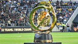 The FIFA Club World Cup trophy is seen on display prior to kickoff for the play-in match between LAFC and Club America for the final spot in the 2025 FIFA Club World Cup, at BMO Stadium in Los Angeles, California, on May 31, 2025. (Photo by Frederic J. BROWN / AFP) (Photo by FREDERIC J. BROWN/AFP via Getty Images)          