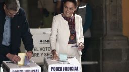 Mexico's President Claudia Sheinbaum casts her vote at a polling station during the world-first Mexican elections for all judges and magistrates in Mexico City on June 1, 2025. Mexico began unprecedented elections Sunday allowing voters to choose their judges at all levels, in a country where drug cartels and other vested interests regularly seek to alter the course of justice. (Photo by Rodrigo Oropeza / AFP) (Photo by RODRIGO OROPEZA/AFP via Getty Images)