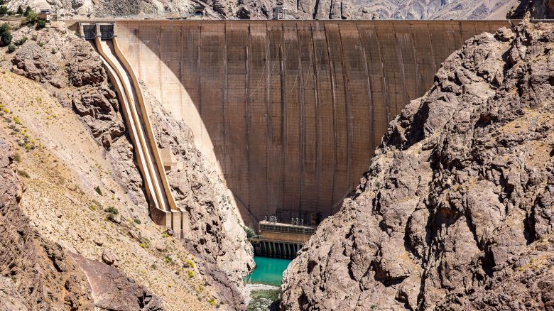 Low water levels in the Amir Kabir dam, also known as the Karaj Dam, along the Karaj river in Iran's northern Alborz mountain range on June 1, 2025. Tehran is facing a water shortage due to low rainfall last year and the beginning of summer.