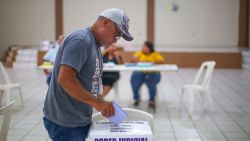 A man cast his vote at a polling station during the world-first Mexican elections for all judges and magistrates in the town of San Juan, Cadereyta Jiménez municipality, Nuevo Leon state, Mexico on June 1, 2025. Polls opened Sunday in elections making Mexico the world's only country to select its judges at all levels by popular vote. (Photo by Julio Cesar AGUILAR / AFP) (Photo by JULIO CESAR AGUILAR/AFP via Getty Images)