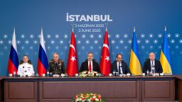 Turkish Foreign Minister Hakan Fidan (center) chairs the Russia-Ukraine talks in Istanbul on Monday.