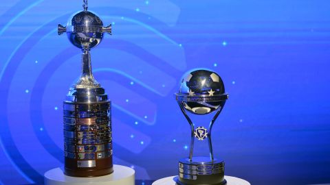 The Copa Libertadores (L) and Copa Sudamericana trophies are displayed before the draw for the round of 16 at the Conmebol headquarters in Luque, Paraguay, on June 2, 2025. (Photo by DANIEL DUARTE / AFP) (Photo by DANIEL DUARTE/AFP via Getty Images)          