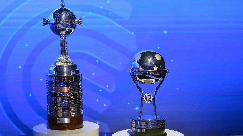 The Copa Libertadores (L) and Copa Sudamericana trophies are displayed before the draw for the round of 16 at the Conmebol headquarters in Luque, Paraguay, on June 2, 2025. (Photo by DANIEL DUARTE / AFP) (Photo by DANIEL DUARTE/AFP via Getty Images)          